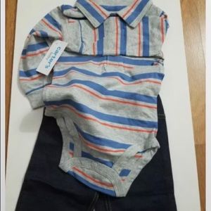 New! 2- piece striped polo bodysuit pant set ( 9 months) blue/ heather